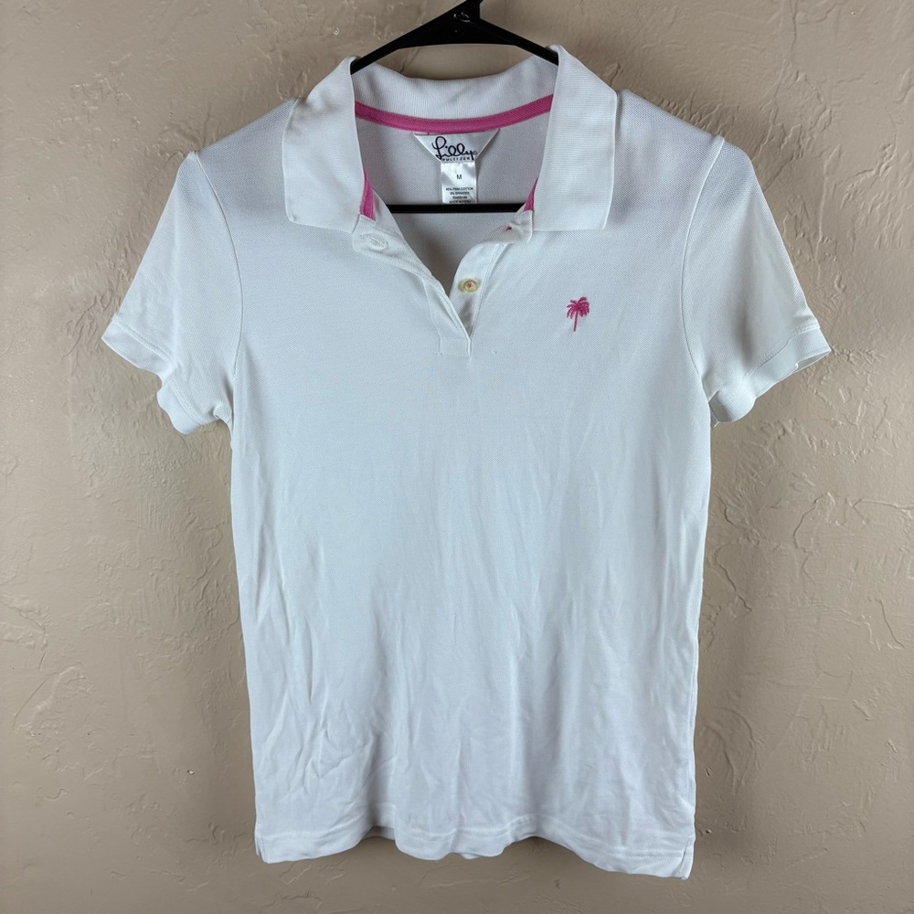 Lilly Pulitzer Women's White Polo Shirt with Pink Logo Palm Tree Size Medium